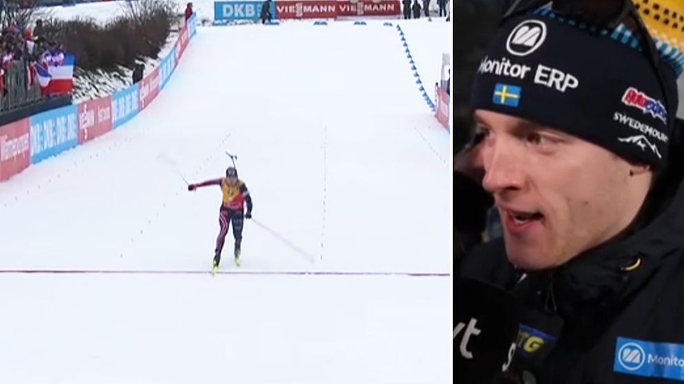 En skidlöpare firar i mål efter ett lopp på snö, med en tydlig bakgrund av en tävlingsarena och åskådare. I den delade delen av bilden visas en närbild av en person klädd i en mörk jacka, troligen en supporter eller medlem av laget.