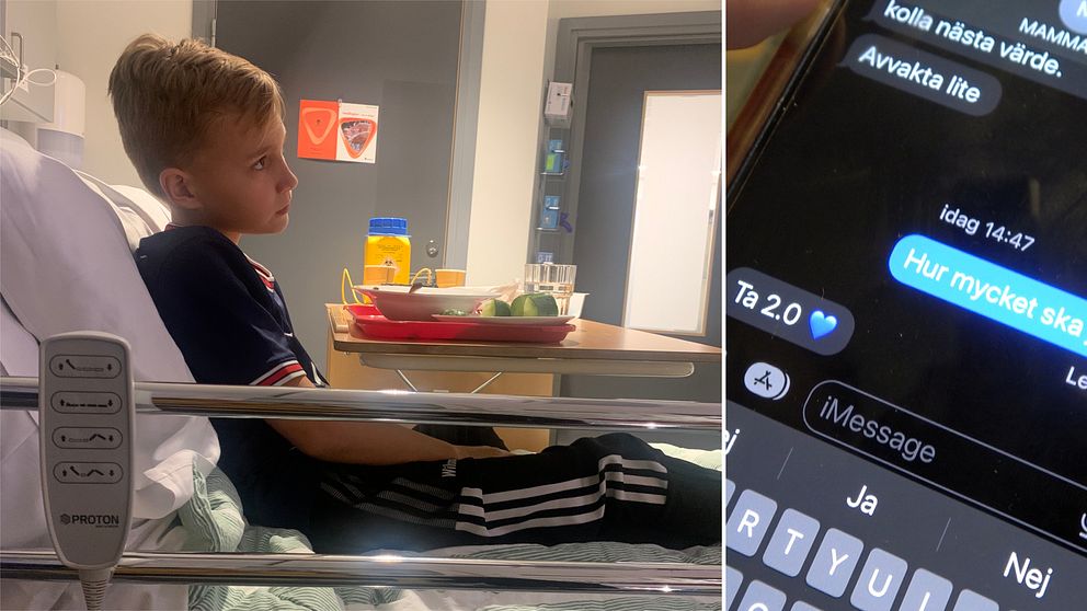 Ett barn i en sjukhussäng och en mobil som visar en konversation kring hur stor insulindos som behövs.