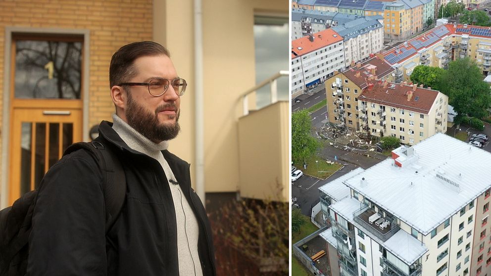 Bildmontage med man med skägg och glasögon utanför ett gult bostadshus och drönarbild på det gula bostadshuset som är skadat efter en explosion.