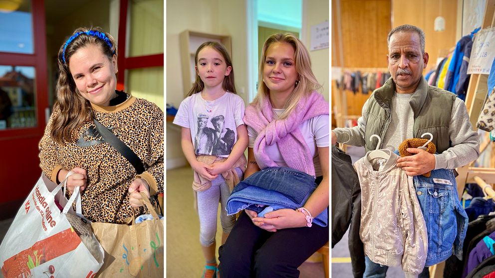 Några personer håller i sina klädfynd.