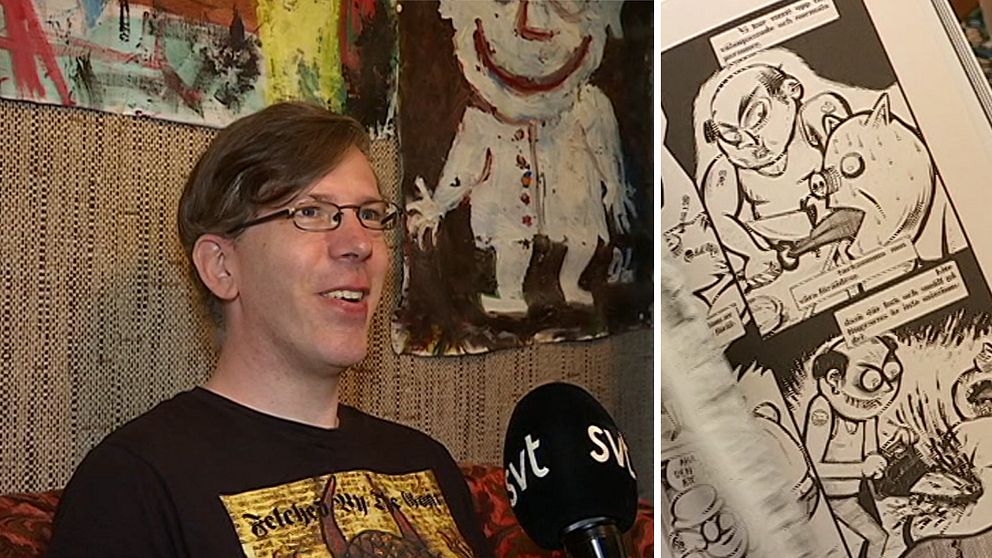 Splitbild med David Liljemark till vänster och en seriebok till höger