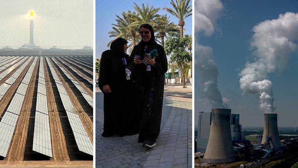 Solcellspark i Saudiarabien / kvinnor på väg in till COP28 i Dubai / Kraftverk.