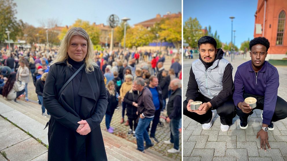 I bild till vänster: Sara Palovaara står svartklädd på Järntorget i Sandviken med en stor samling människor i bakgrunden. I bild till höger: Farhad Hosseini och Abbe Gundle placerar marschaller mellan Järntoget och puben.