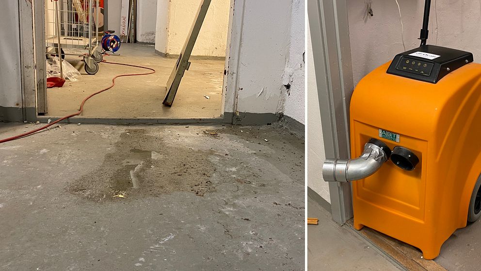 Delad bild. Till vänster vatten på ett betongolv. Till höger en orange värmefläkt.