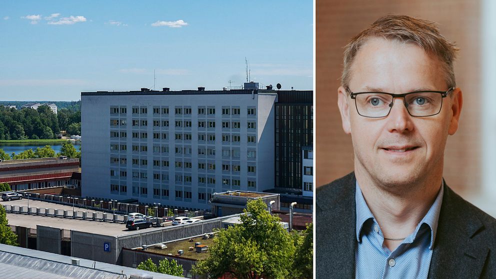 En bild med två sektioner: till vänster syns en stadsbild med ensjukhusbyggnad och parkerade bilar i förgrunden. Till höger visas porträttbild av en person som är klädd i kavaj och skjorta.