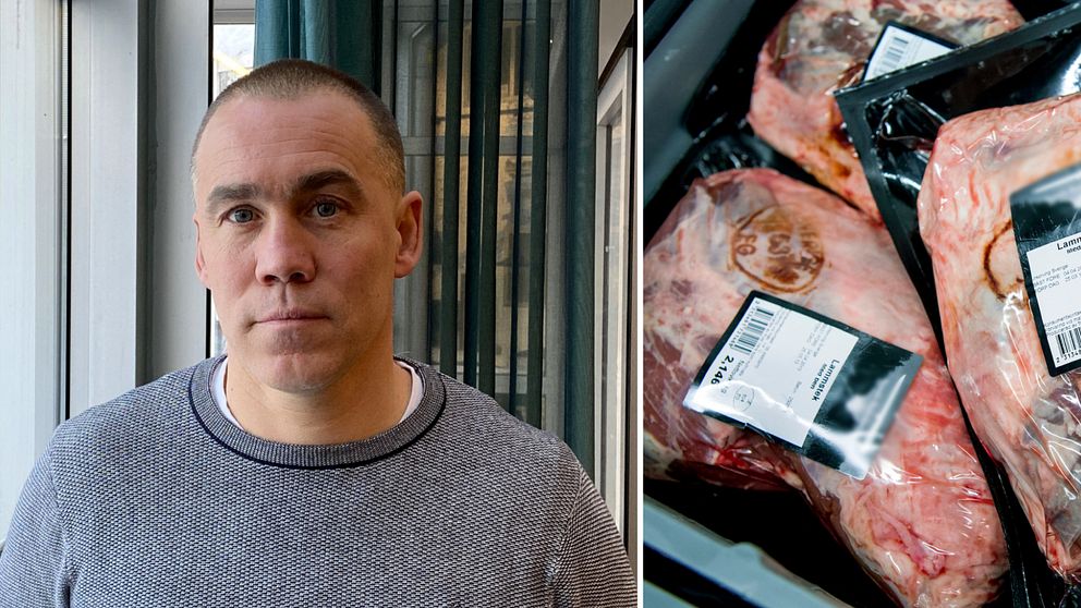Henrik Navjord bredvid kött i en butiksdisk