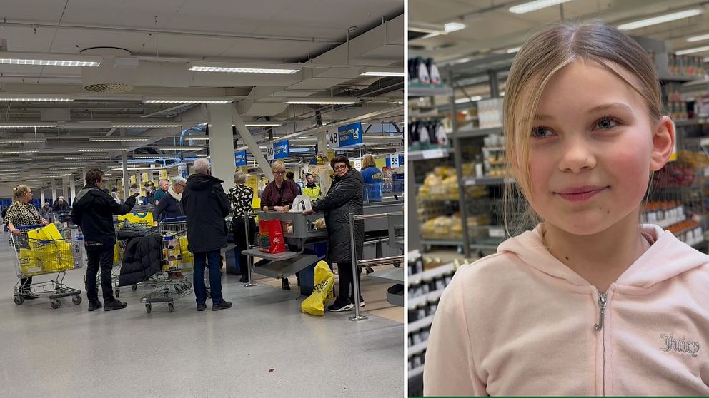 Till vänster besökare vid kassorna på varuhuset Gekås i Ullared. Till höger en av besökarna.