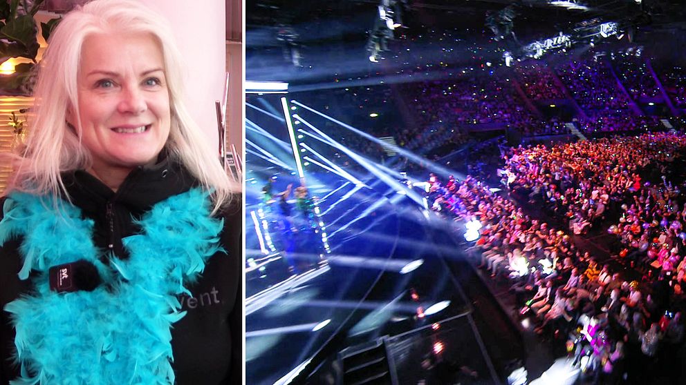 En delad bild: till vänster syns en person med en turkos boa runt halsen och en svart jacka, och till höger visas en arena fylld med en stor publik samt ljus- och scenarrangemang som skapar en festlig stämning.