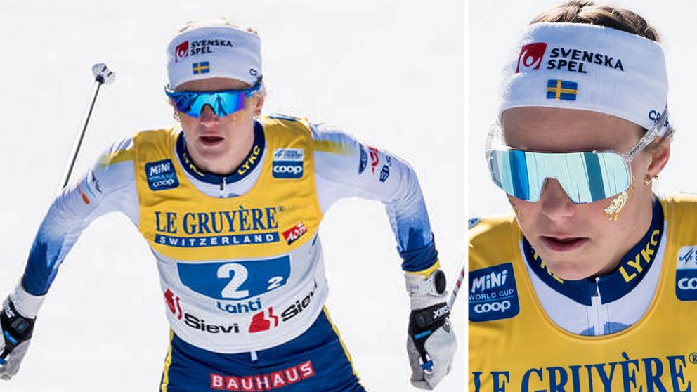 Tvådelad bild. Vänster: Skidåkare i tävlingsdräkt. Höger: Närbild av Sveriges pannband.