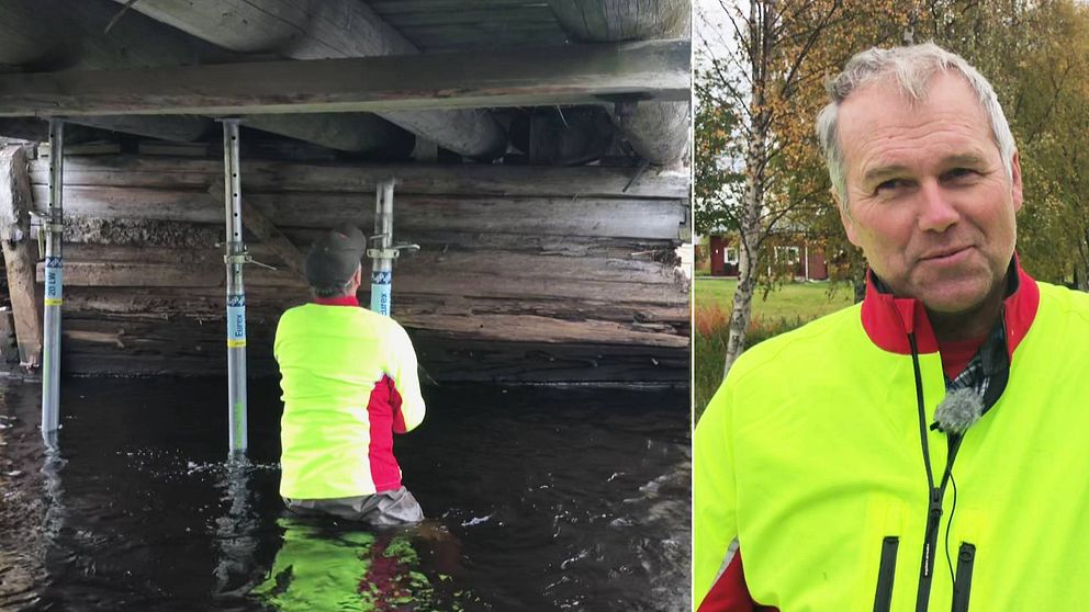 Timmermannen Kent Vesterlund i färd med brobygget.