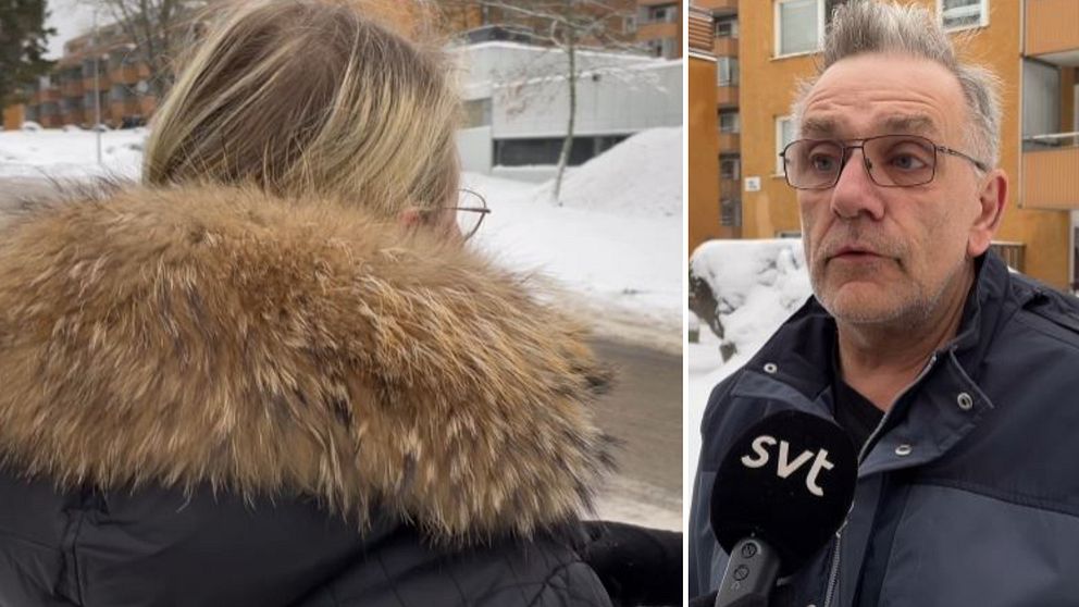 Två personer som intervjuas, en kvinna filmas anonymt där endast bakhuvudet syns och en man står framför platsen där skottlossningne pågick.