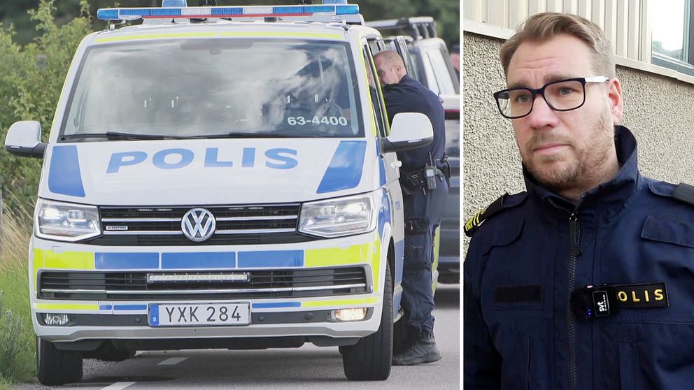 En delad bild med två sektioner. Den vänstra sektionen visar en svensk polisbil och en polis som sträcker sig in i bilden. Den högra sektionen visar en närbild av polis Joakim Oja i uniform.