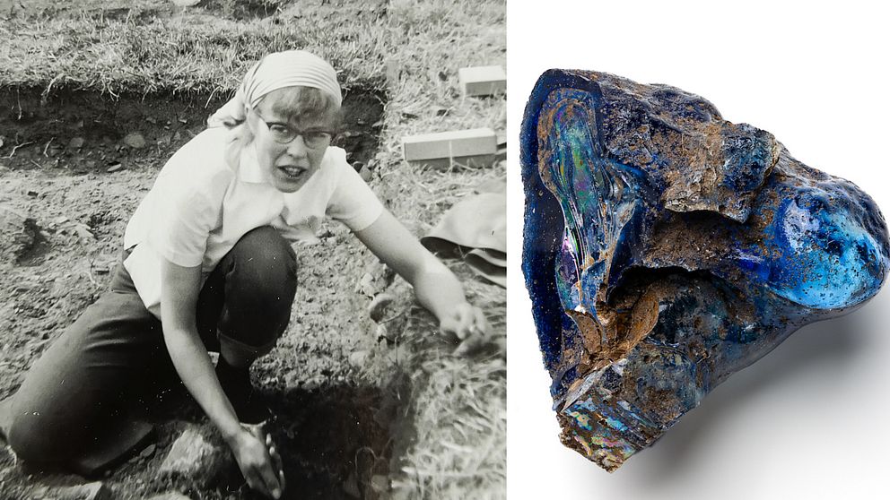 En kvinna i skarf och hornbågade glasögon på svartvit bild som gräver och en bild på en glasbit som är blå