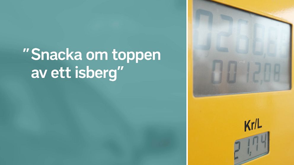 Till vänster en text med citatet snacka om toppen av ett isberg och till höger närbild på en display på en bensinautomat med bensinpriset 21,74 kronor per liter