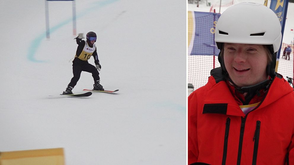 En kille åker slalom nerför Gustavsbergsbacken i Östersund.