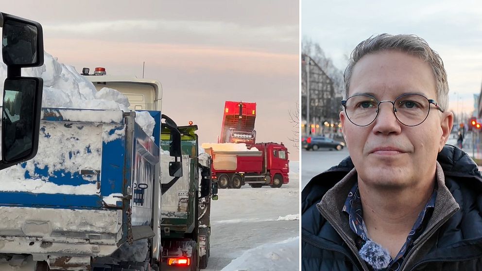 En delad bild med två sektioner. Den vänstra delen visar snötransportfordon som arbetar på en vinterväg, med stora snömängder som lastas på en sopbil. Den högra delen visar en närbild av en person, som står utomhus i en stadsmiljö.
