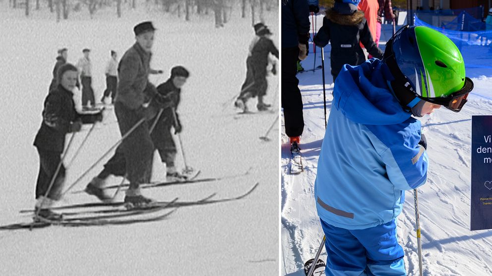 Delad bild av skidåkning, till vänster en svartvit scen från förr med en grupp vuxna och barn på skidor, klädda i äldre tiders vinterkläder, och till höger en modern färgbild av ett barn i blå skidutrustning och grön hjälm som står på snön med andra skidåkare i bakgrunden.