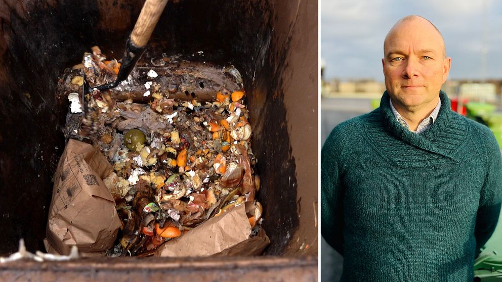 En delad bild med två sektioner. Den vänstra delen visar en soptunna fylld med organiskt avfall som inkluderar matrester, grönsaker och pappersförpackningar. Den högra delen visar en person i en grön tröja, som står utomhus med en oskarp bakgrund av en stadslandskap.