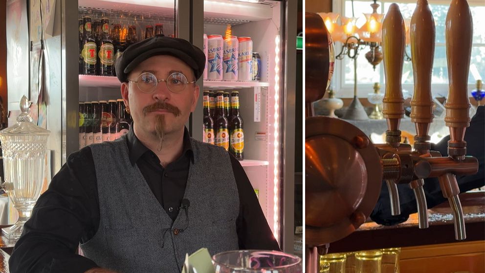 Tvådelad bild. Vänster: Ölkylar med flaskor. Höger: Rader av ölkranar i en pub.