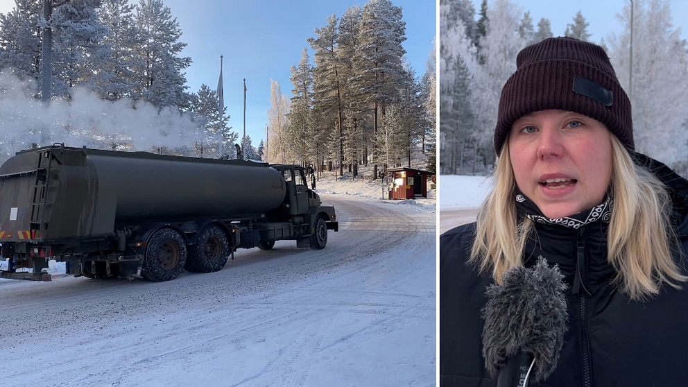 SVT:s reporter Sofie Lind till höger i bild och en militär tankbil utanför Älvdalens övningsområde till höger.