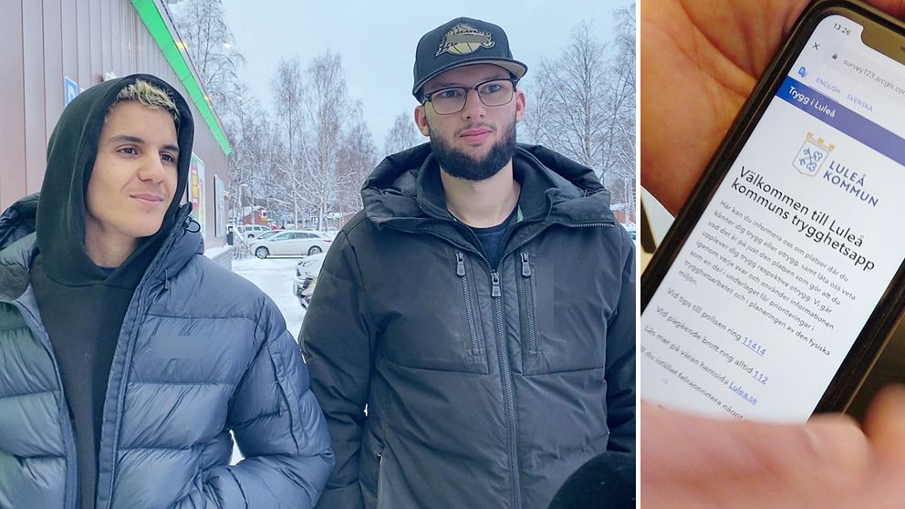 En delad bild som visar två personer i vinterkläder på vänster sida, med snöiga omgivningar och träd i bakgrunden. Höger sida visar en hand som håller en smartphone som visar en webbplats med information om Luleå kommun.