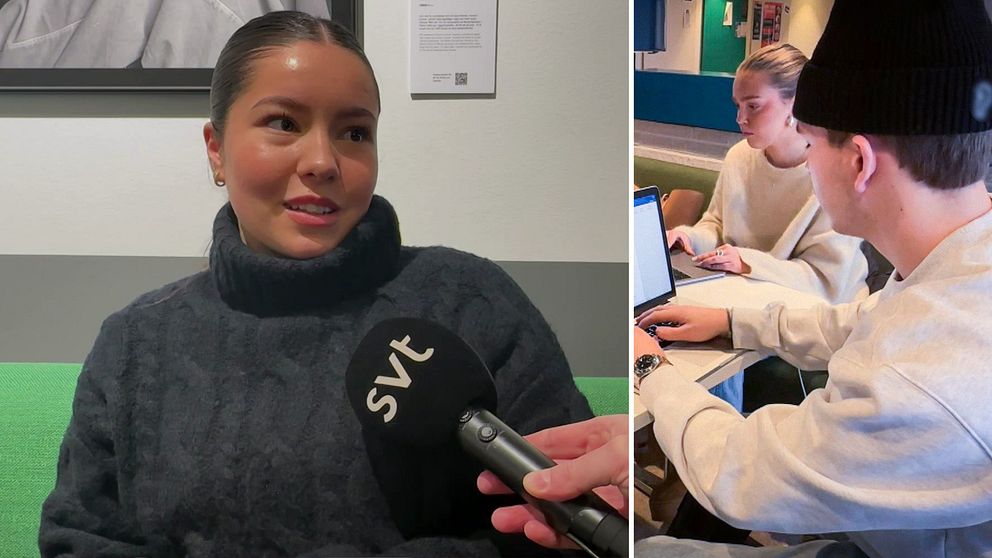 Till vänster syns Örebrostudenten Moa Talonen sittandes i en grön soffa. Till höger sitter ytterligare två studenter och pluggar.