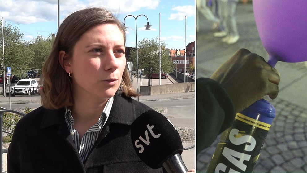 Delad bild. Till vänster intervjuas en person av SVT. Till höger fylls en ballong med gas.