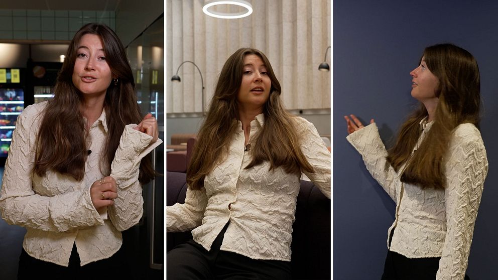 SVT:s reporter Victoria Scott visar exempel på mikroplaster från kläder och inomhusmiljö.