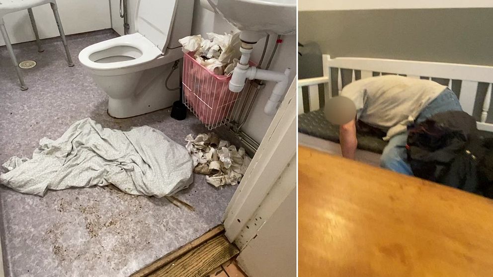 Smutsig toalett med papper på golvet och en man som ligger på en soffa.