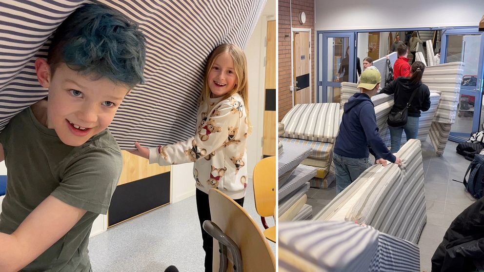 Delad bild – till vänster en bild på två unga barn som bär en randig skumgummimadrass tillsammans, till höger ser man flera personer som bär fler skumgummimadrasser i Sälens skola inför Vasaloppet.