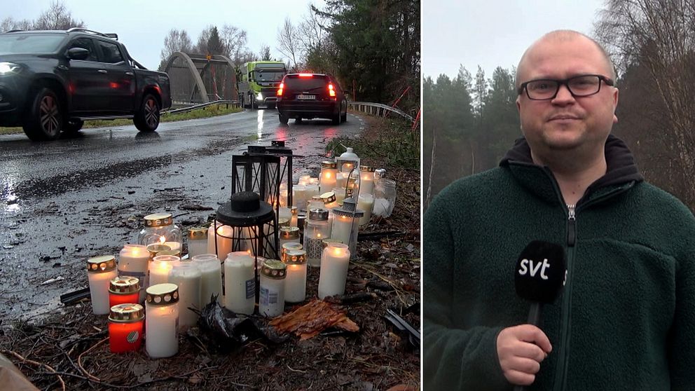 Folk har tänt ljus vid olycksplatsen. Till höger SVT:s reporter Viktor Lundmark.