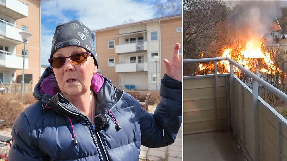 Grannen Birgitta Vegholm och en privat bild på villabranden i Nordmaling