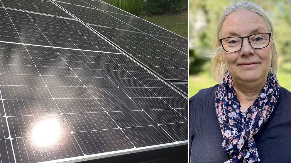 Solceller på tak och kvinna i porträttbild.