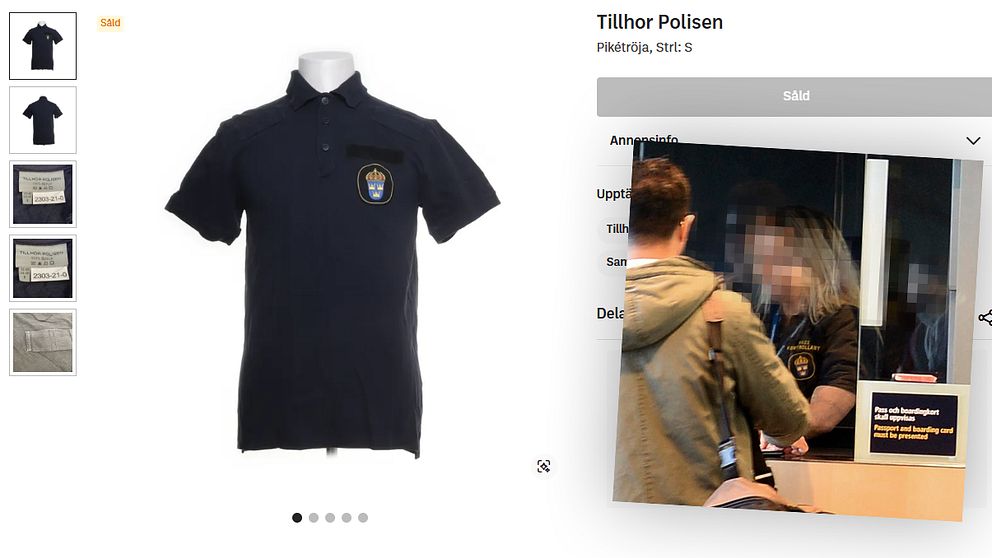 Tvådelad bild. Till vänster: svart pikétröja med polisemblem. Till höger: passkontroll