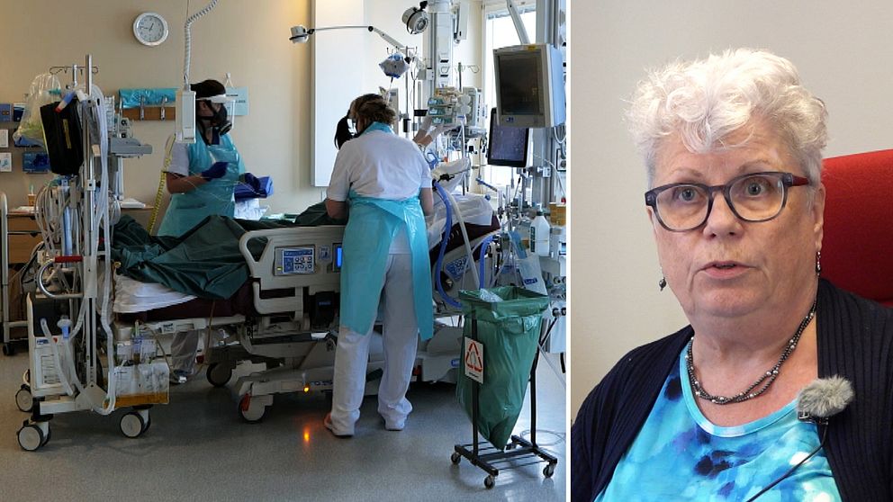 En tvådelad bild. Till vänster vårdpersonal vid en sjukhussäng. Till höger en kvinnas ansikte.