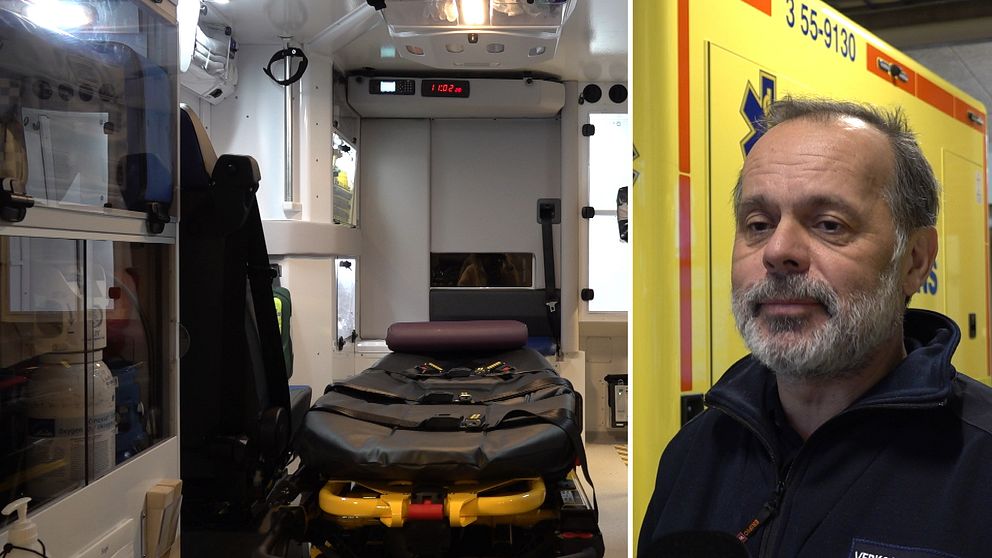 Insidan av region Hallands nya ambulans visar en bår och tre platser bredvid samt ett utrustningsskåp. Bilden till höger visar Kent Ahlin verksamhetschef.