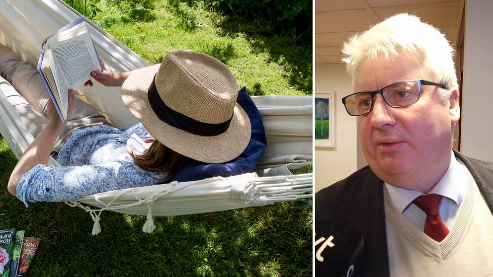 en person ligegr och läser i en hängmatta, och politikern Hans Unander i Malung Sälens