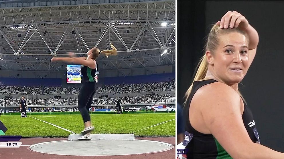 Delad bild. Vänster: kulstötare tävlar på arena. Höger: idrottare torkar pannan.