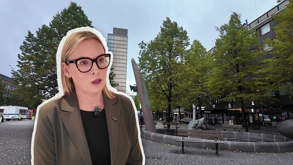 Skellefteås styrande politiker intervjuas på ett torg om kommunens minskade skatteintäkter.