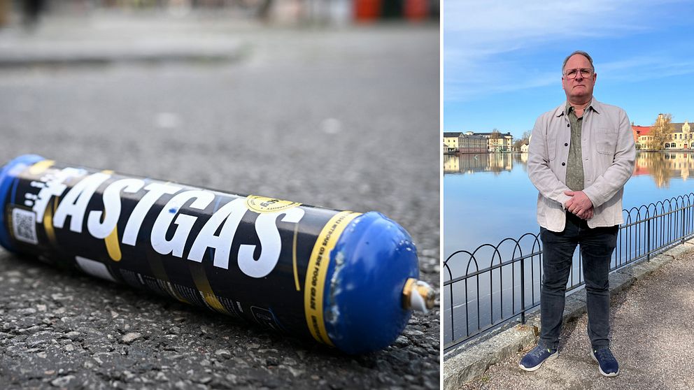 Delad bild med lustgastub på höger sida och socialnämndens ordförande i Eskilstuna Göran Gredfors