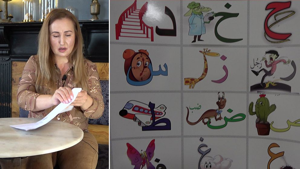 En modersmålslärare som öppnar ett brev och en affisch av olika bokstäver på arabiska