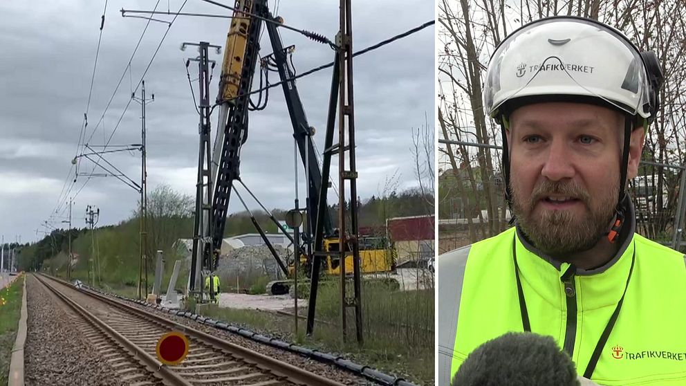 Delad bild. Till vänster: arbetsfordon vid järnvägsspår. Till höger: person i varselväst och hjälm.