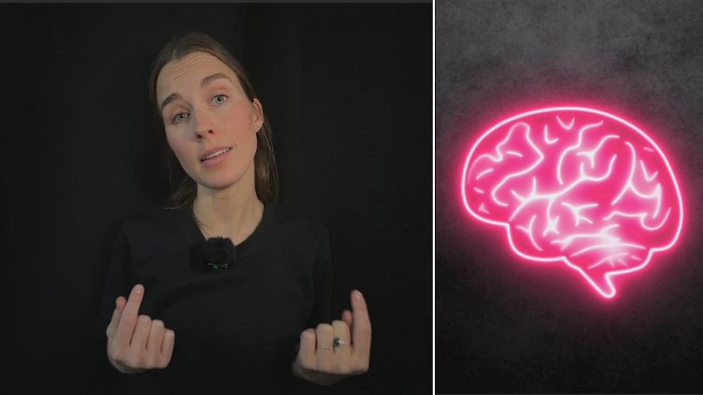 En delad bild som visar till vänster en person i svart tröja med en mikrofon, som gestikulerar med båda händerna, och till höger en neonillustration av en hjärna i rosa färg mot en mörk bakgrund.