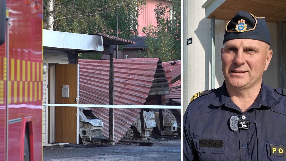 Brandbil, brända bilar och polis