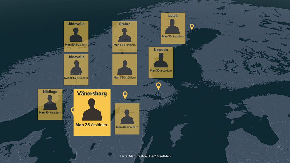 Kartgrafik med nio olika personer från olika platser i Sverige.