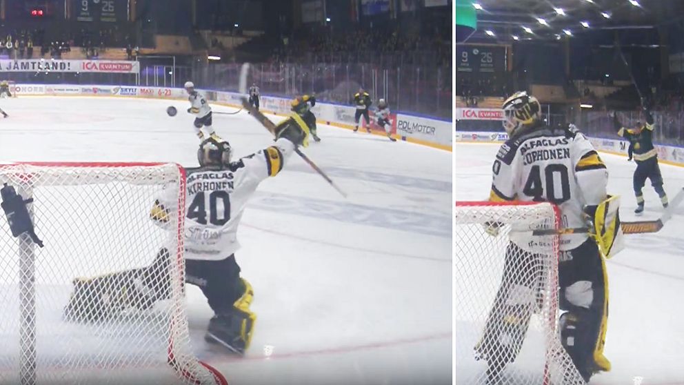 Delad bild: Till vänster ses en ishockeymålvakt i vit tröja med nummer 40 i aktion, sträcker sig för att stoppa pucken med en motspelare i bakgrunden. Till höger visar en närbild samma målvakt i viloposition vid målburens sida, blickandes mot spelet.