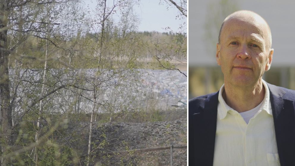 Delad bild. Till vänster: sjö bakom vårträd. Till höger: person i kostym och skjorta utomhus.