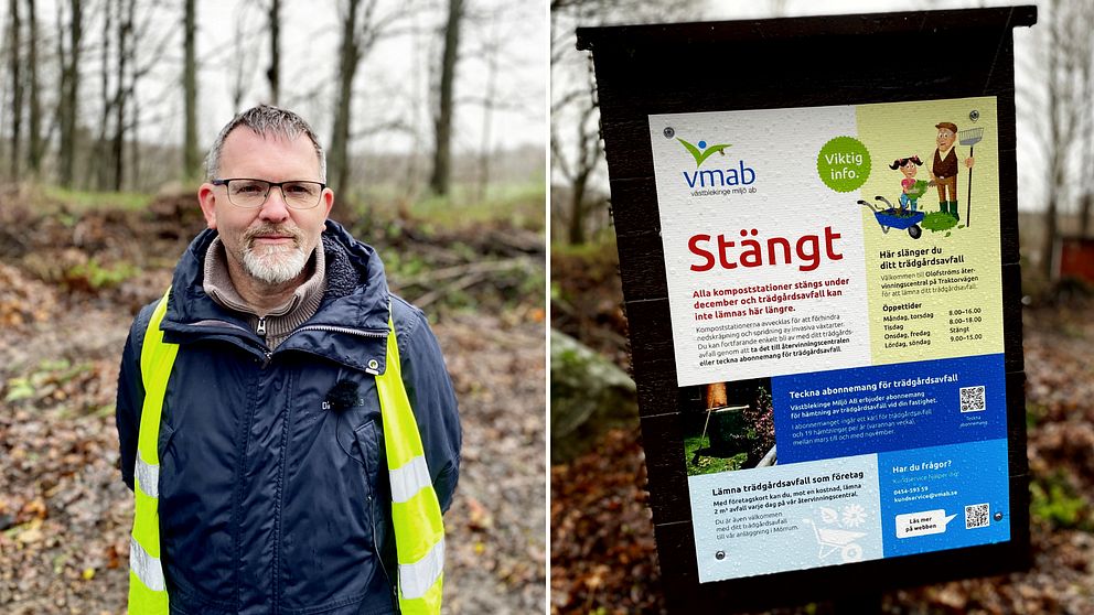 Dubbelbild med dels en man, renhållningsingenjören Johan Ekelund, framför en kompost i Jämshög och en dels en bild på en skylt med texten stängt.