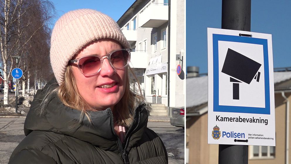 Sonja Alriksson i Vännäs i mössa och solglasögon. Till höger en bild på en övervakningsskylt.