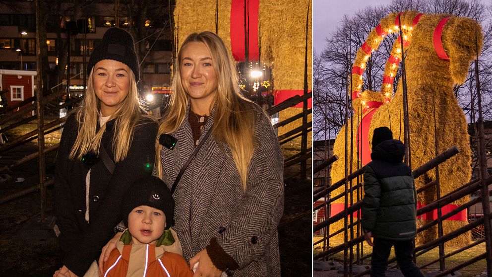 Till vänster syns tre personer som besöker invigningen av Gävlebocken 2024. Till höger syns själva bocken.